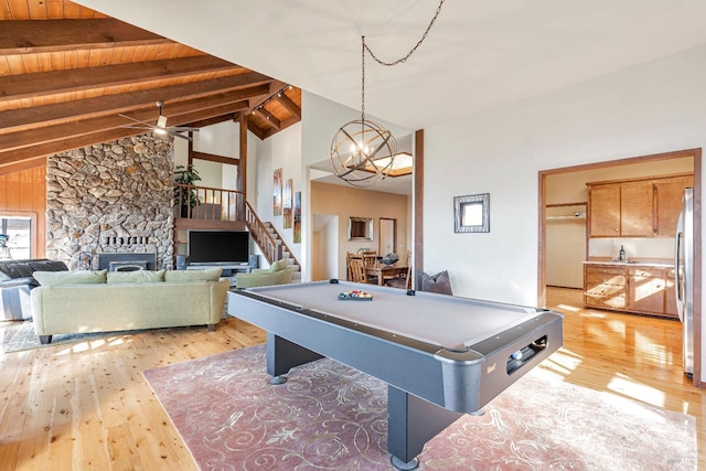 rec room with pool table, beam ceiling, wood ceiling, and light wood-style floors