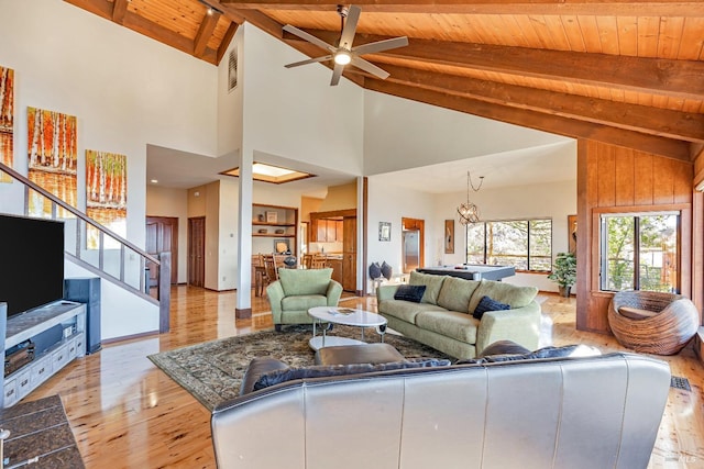 living area featuring visible vents, wood ceiling, stairway, vaulted ceiling with beams, and light wood-type flooring