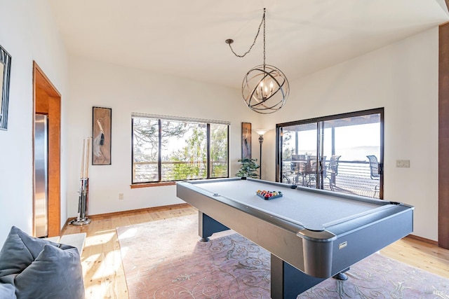 rec room featuring a wealth of natural light, light wood-type flooring, and pool table