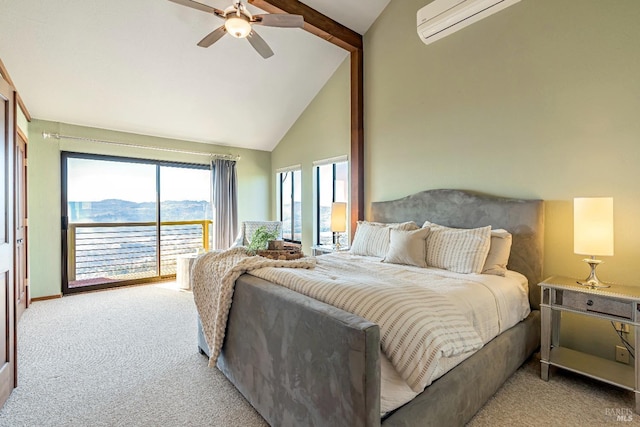 bedroom with a ceiling fan, light colored carpet, access to outside, high vaulted ceiling, and beam ceiling