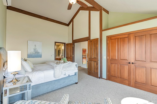 bedroom featuring a closet, carpet, an AC wall unit, high vaulted ceiling, and beam ceiling