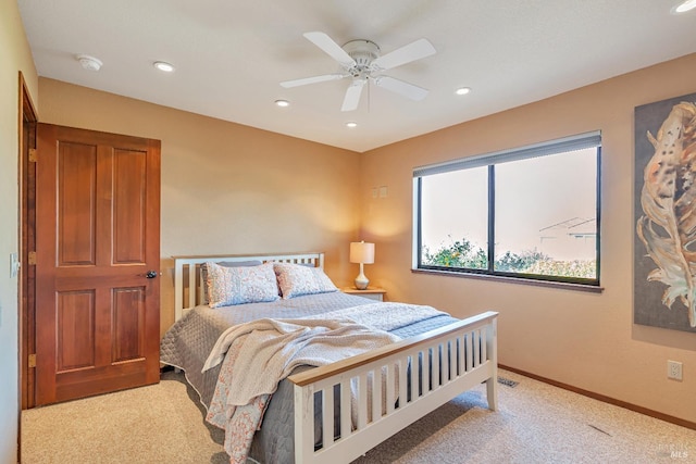 bedroom with recessed lighting, carpet flooring, ceiling fan, and baseboards