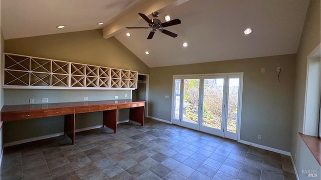 unfurnished office featuring high vaulted ceiling, baseboards, beamed ceiling, and recessed lighting