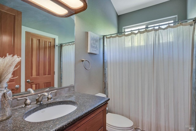 bathroom with vanity, toilet, and a shower with curtain