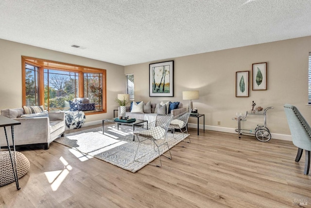 living room featuring light wood-type flooring and a textured ceiling