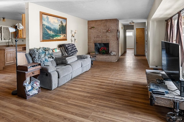 living room featuring dark wood-type flooring, sink, and a fireplace