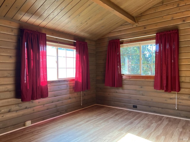 spare room with lofted ceiling with beams, a healthy amount of sunlight, wood ceiling, and wood finished floors