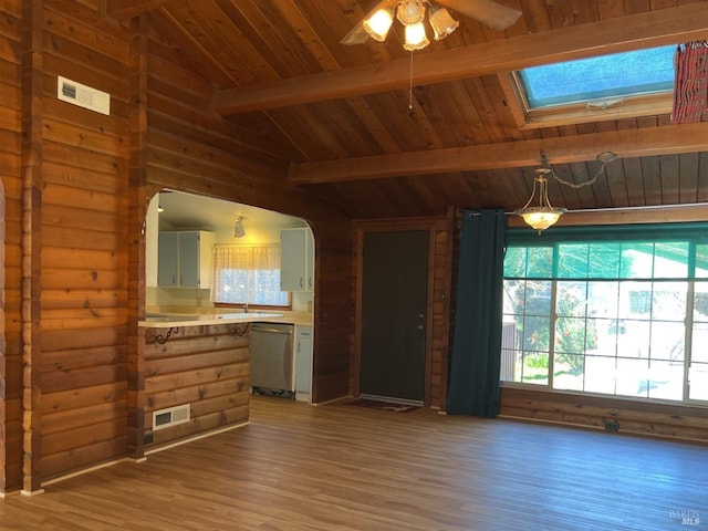 unfurnished living room with vaulted ceiling with skylight, wooden ceiling, wood finished floors, and visible vents