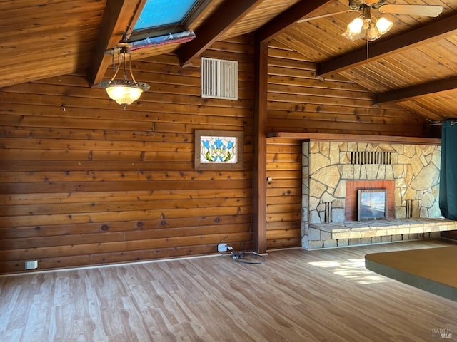 unfurnished living room with wood walls, wood-type flooring, and lofted ceiling with beams