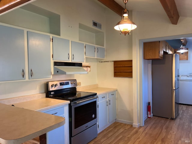 kitchen featuring washer / dryer, white cabinetry, hanging light fixtures, beam ceiling, and stainless steel appliances