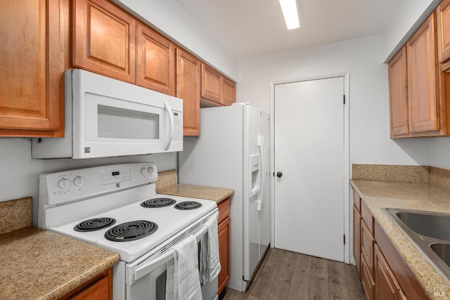 kitchen featuring hardwood / wood-style flooring, sink, and white appliances