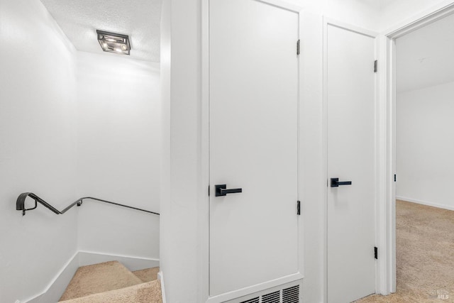 interior space with carpet floors and a textured ceiling