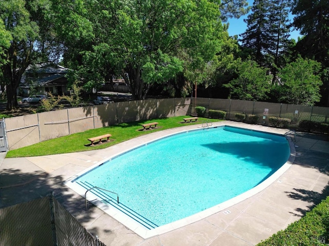 view of pool with a lawn and a patio