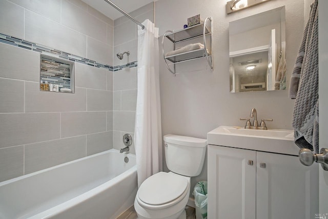 full bathroom with vanity, toilet, and shower / bathtub combination with curtain