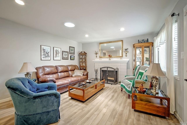 living room with light hardwood / wood-style floors and a fireplace