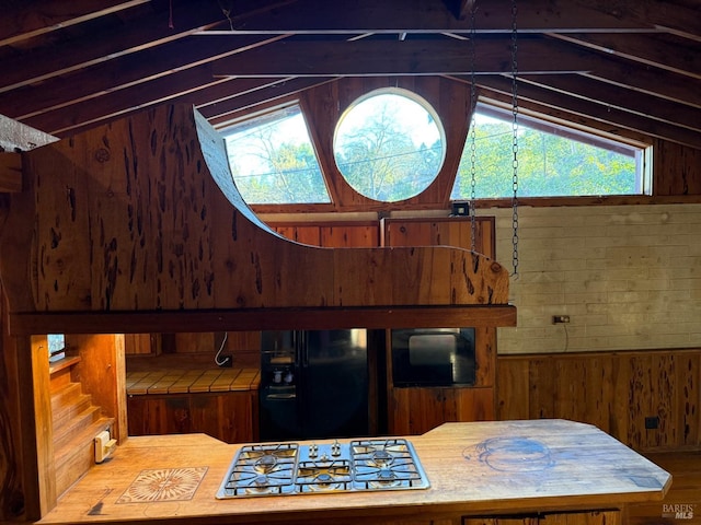 kitchen featuring wooden walls and vaulted ceiling