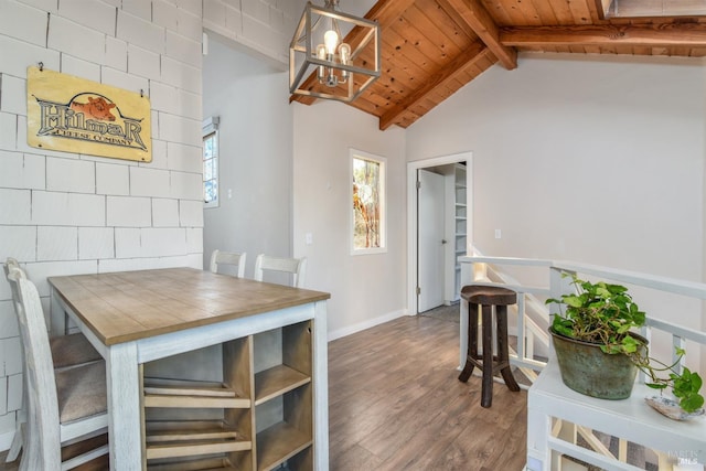 dining area featuring hardwood / wood-style flooring, a chandelier, wood ceiling, and lofted ceiling with beams