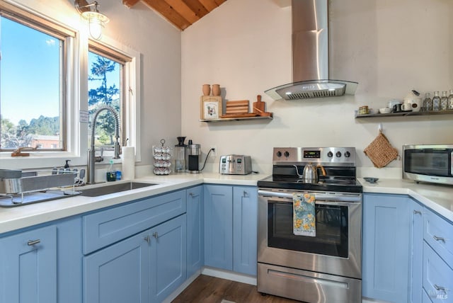 kitchen with vaulted ceiling, sink, dark hardwood / wood-style flooring, stainless steel appliances, and wall chimney range hood