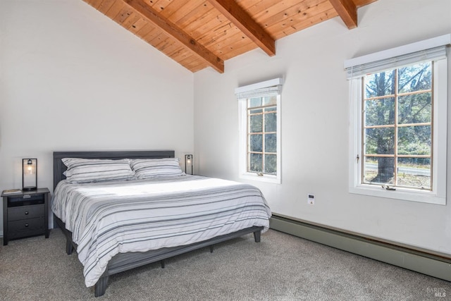 bedroom featuring lofted ceiling with beams, multiple windows, carpet, and baseboard heating