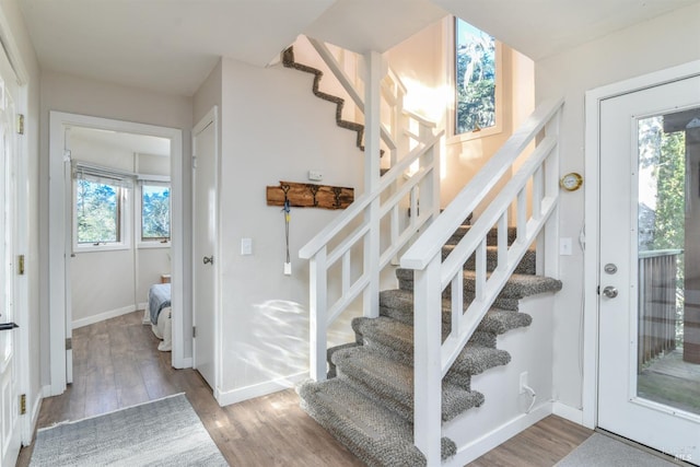 staircase with hardwood / wood-style flooring