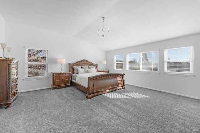 carpeted bedroom featuring a notable chandelier, lofted ceiling, and multiple windows