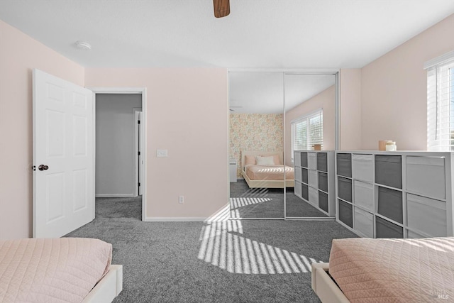 carpeted bedroom featuring ceiling fan, multiple windows, and a closet