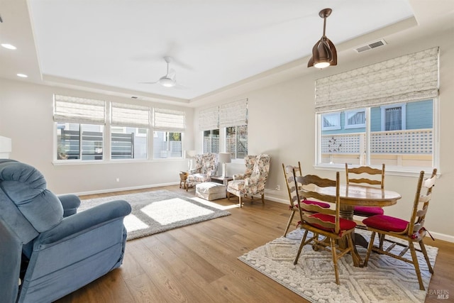 living room with a tray ceiling, a wealth of natural light, and wood-type flooring