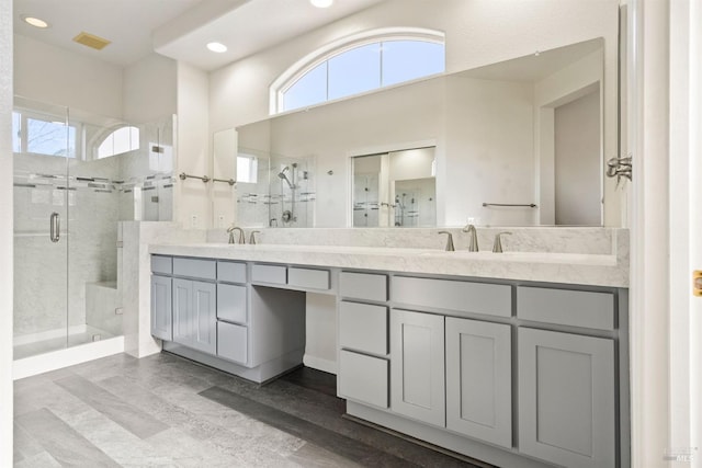 bathroom featuring vanity and a shower with shower door