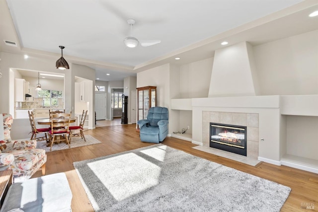 living room featuring a tiled fireplace and light hardwood / wood-style floors