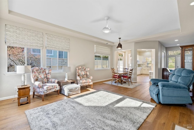 living room featuring hardwood / wood-style flooring, plenty of natural light, and a raised ceiling