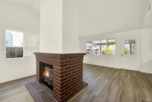 interior space featuring wood-type flooring and a fireplace