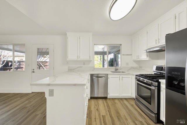 kitchen featuring sink, white cabinets, light hardwood / wood-style floors, kitchen peninsula, and stainless steel appliances