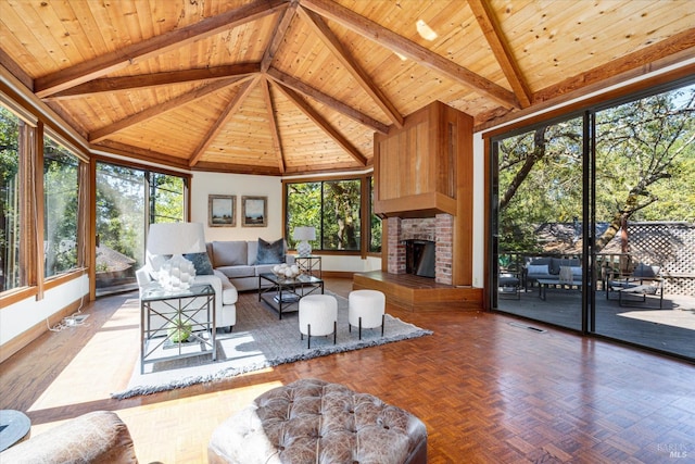 living room with a brick fireplace, wood ceiling, high vaulted ceiling, beamed ceiling, and parquet floors