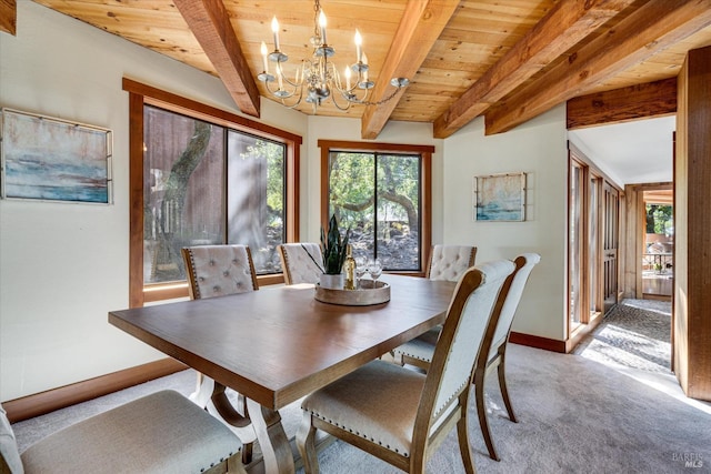 carpeted dining area featuring wooden ceiling, beamed ceiling, and a notable chandelier