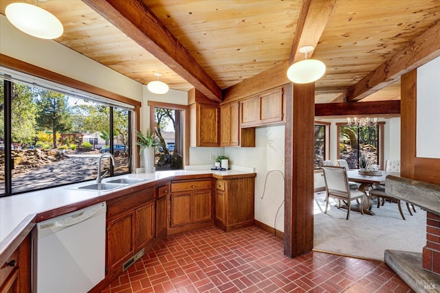 kitchen with wood ceiling, sink, hanging light fixtures, white dishwasher, and beam ceiling