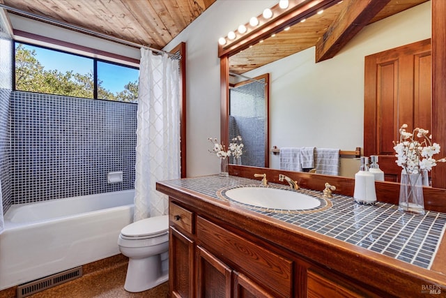 full bathroom with vanity, toilet, shower / tub combo with curtain, wooden ceiling, and beam ceiling