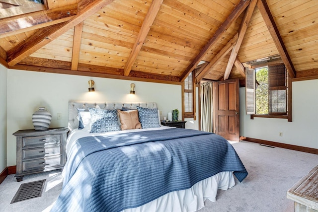 carpeted bedroom with vaulted ceiling with beams and wooden ceiling