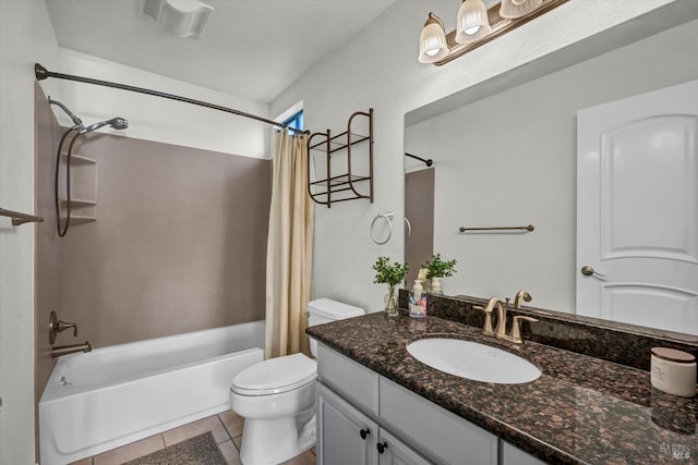 full bathroom with vanity, tile patterned floors, shower / bath combination with curtain, and toilet