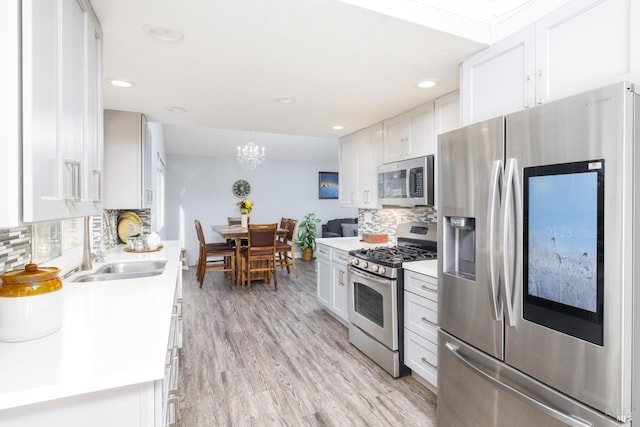 kitchen featuring appliances with stainless steel finishes, white cabinetry, sink, decorative backsplash, and light hardwood / wood-style floors