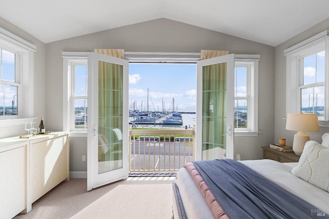 bedroom featuring access to outside, french doors, light colored carpet, and multiple windows