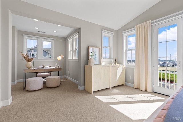 interior space featuring lofted ceiling, light carpet, and plenty of natural light