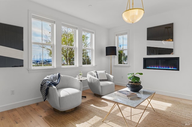 sitting room with baseboards, wood finished floors, and a glass covered fireplace