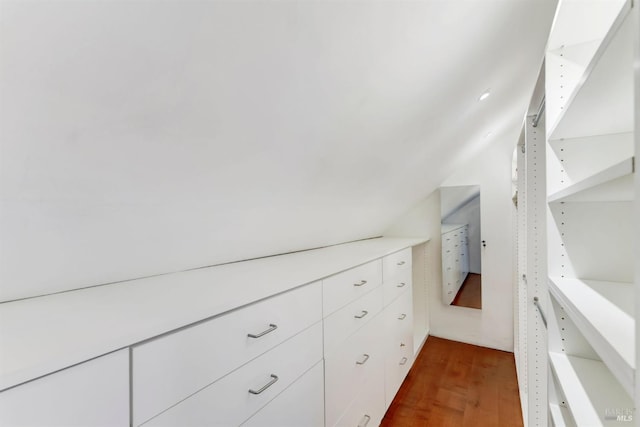 walk in closet featuring lofted ceiling and dark hardwood / wood-style floors