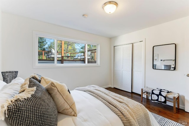 bedroom featuring dark hardwood / wood-style flooring and a closet