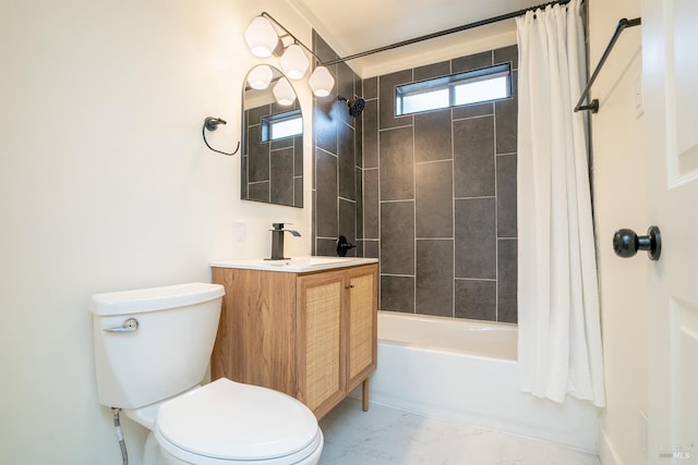 full bathroom featuring shower / bath combination with curtain, vanity, and toilet