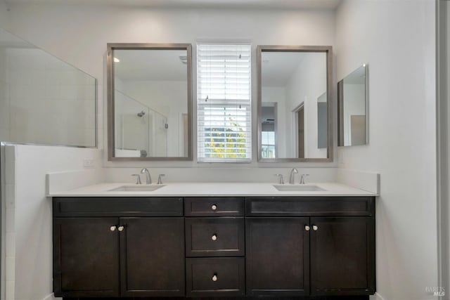 bathroom featuring vanity and an enclosed shower