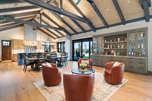 living room featuring indoor wet bar, beam ceiling, high vaulted ceiling, light hardwood / wood-style floors, and wooden ceiling