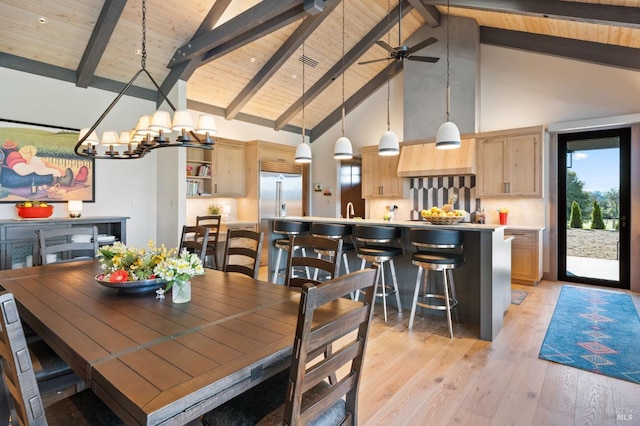 dining room featuring wood ceiling, beam ceiling, light hardwood / wood-style floors, and high vaulted ceiling