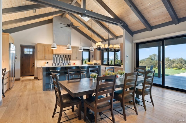 dining room featuring ceiling fan with notable chandelier, high vaulted ceiling, beam ceiling, wood ceiling, and light wood-type flooring