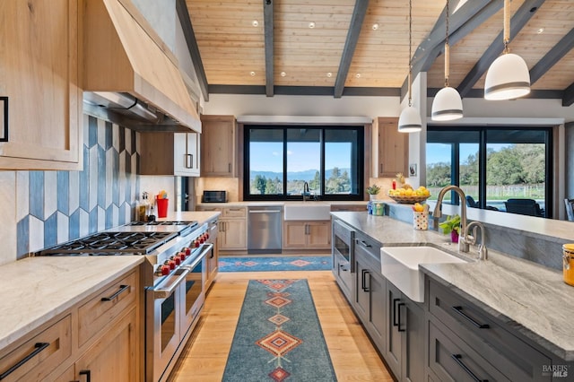 kitchen with sink, hanging light fixtures, stainless steel appliances, light stone countertops, and wooden ceiling